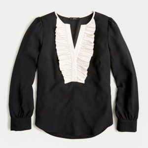 NWT J. Crew Women's Satin Crepe Black Blush Ruffle Long Sleeve Blouse Top S